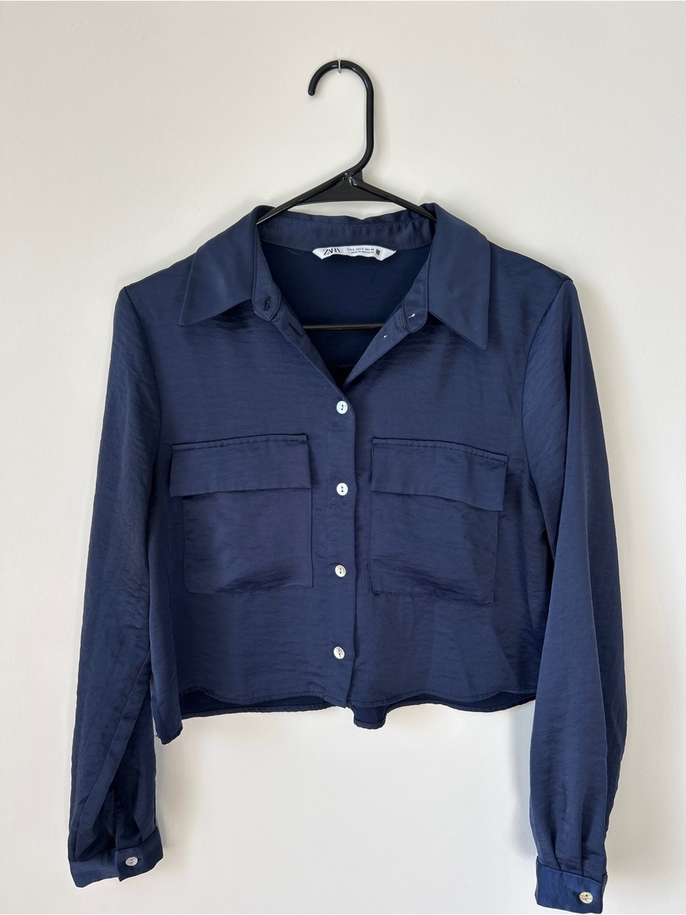 Zara Navy Cropped Button-Front Shirt